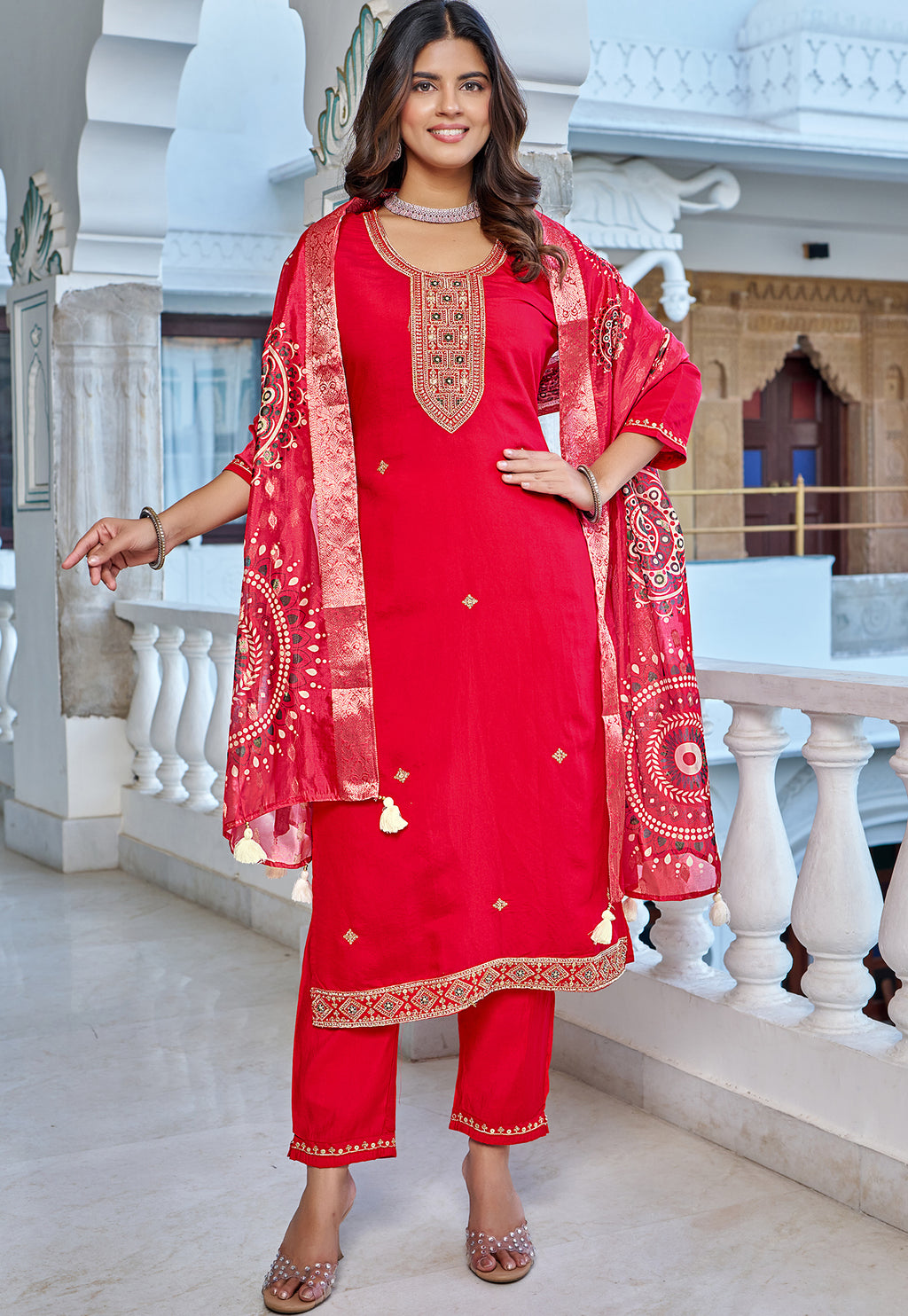 Women Printed Angrakha Pure Cotton Kurta with Trousers & With Dupatta-KS-213