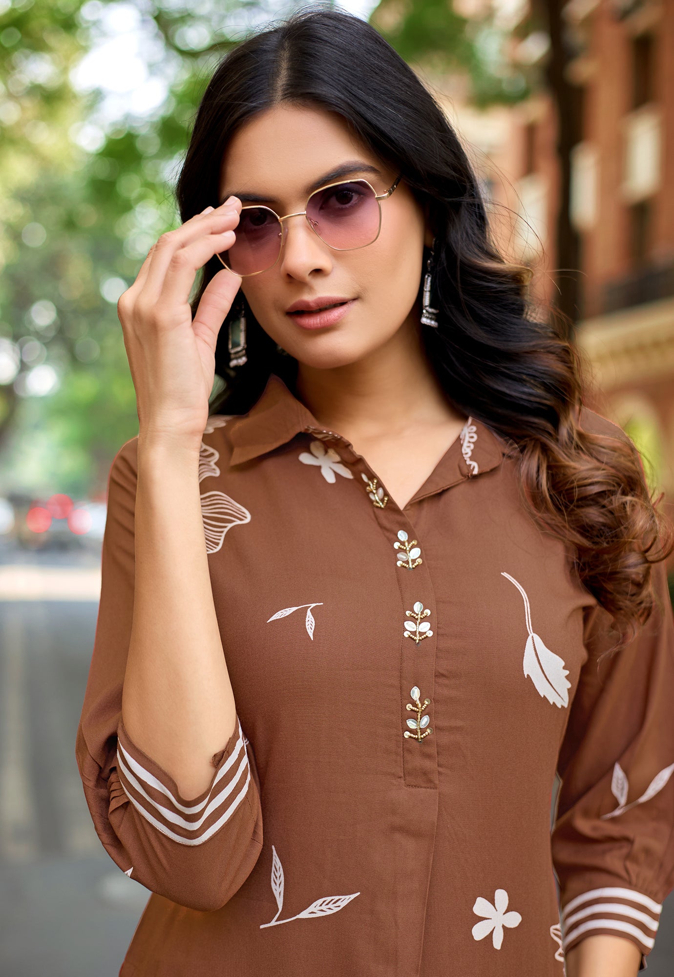 Printed Shirt Collar Tunic & Trousers Co-Ords-RASIKA