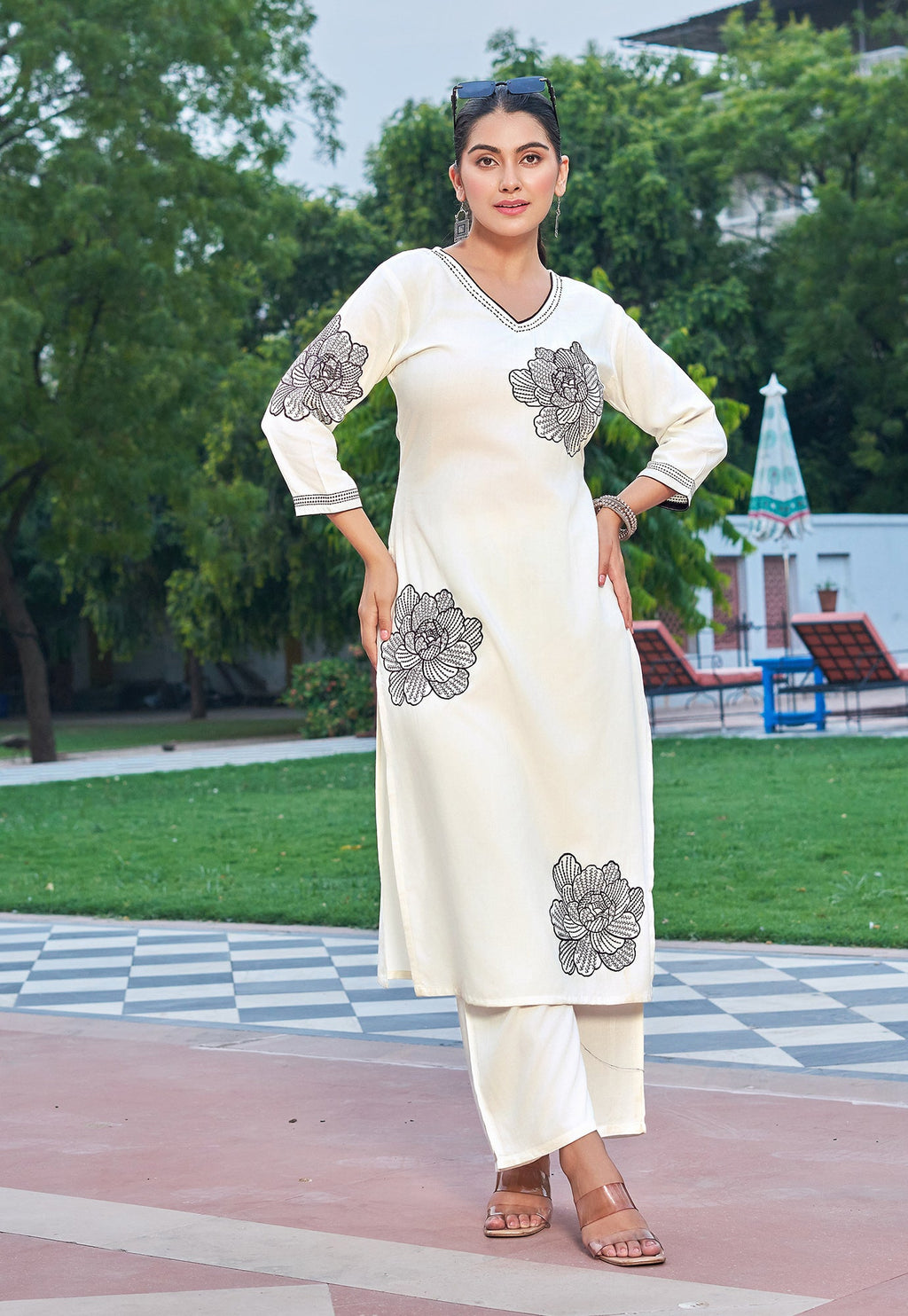 Women Floral Embroidered Kurta with Palazzos-RAMYAA