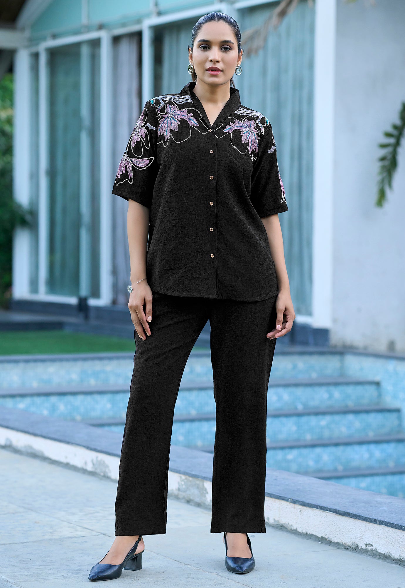 Women Embroidered Shirt With Trouser Co-Ords-DAIZY