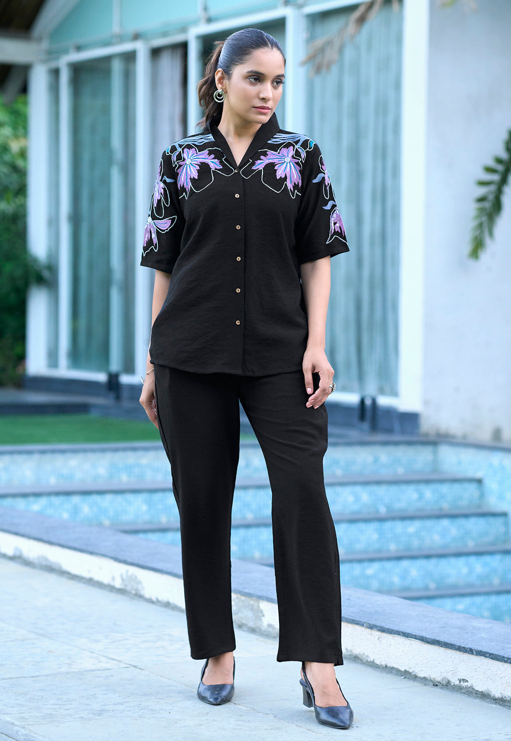 Women Embroidered Shirt With Trouser Co-Ords-DAIZY