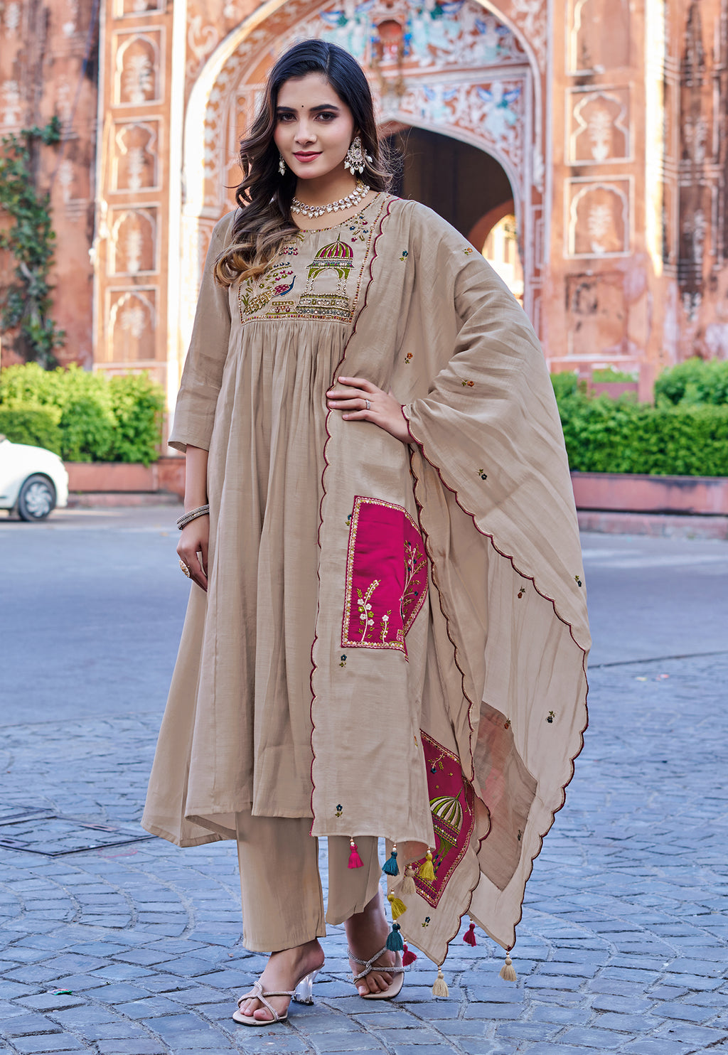 Women Floral Embroidered Empire Thread Work Chanderi Cotton Kurta with Palazzos & With Dupatta-IV-1009