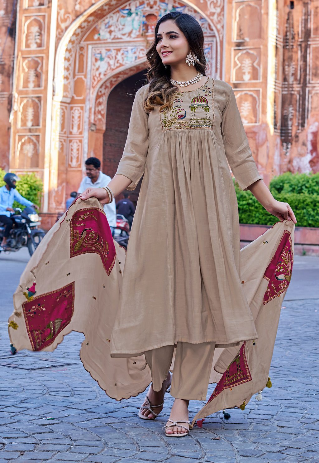 Women Floral Embroidered Empire Thread Work Chanderi Cotton Kurta with Palazzos & With Dupatta-IV-1009