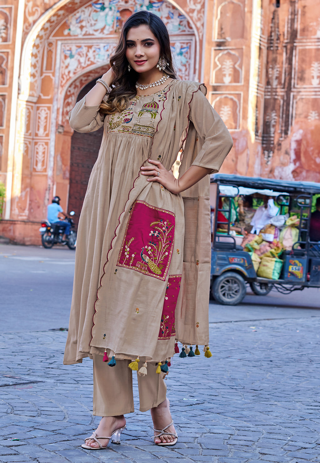 Women Floral Embroidered Empire Thread Work Chanderi Cotton Kurta with Palazzos & With Dupatta-IV-1009