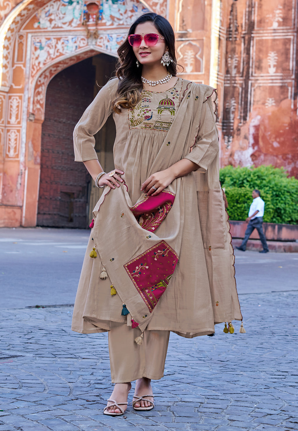 Women Floral Embroidered Empire Thread Work Chanderi Cotton Kurta with Palazzos & With Dupatta-IV-1009