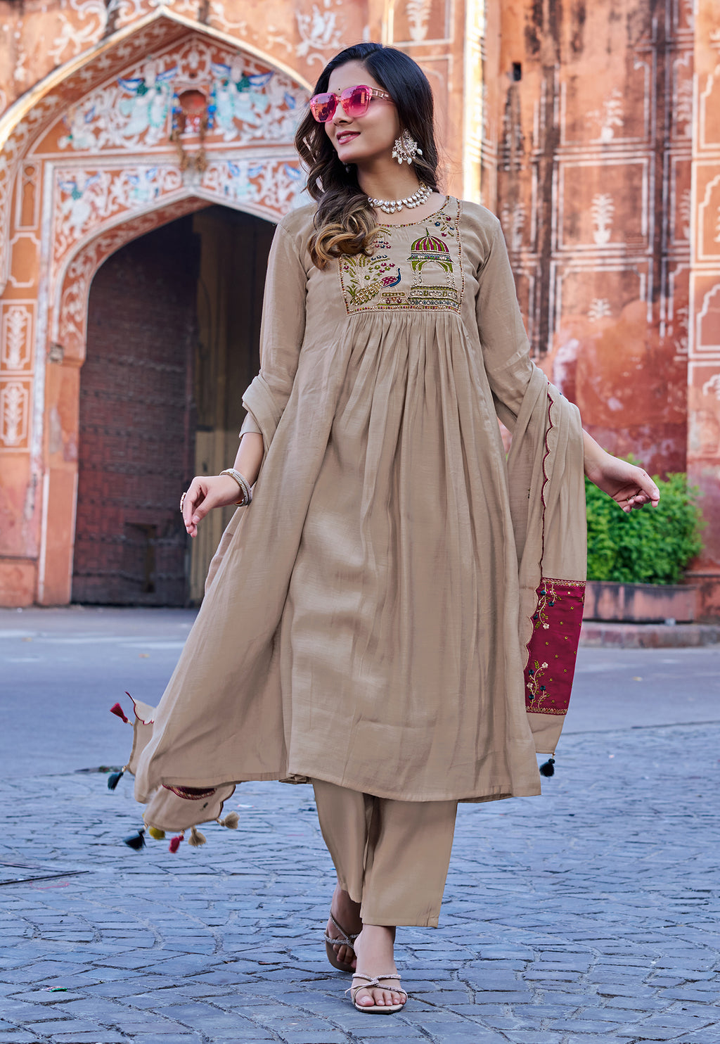 Women Floral Embroidered Empire Thread Work Chanderi Cotton Kurta with Palazzos & With Dupatta-IV-1009