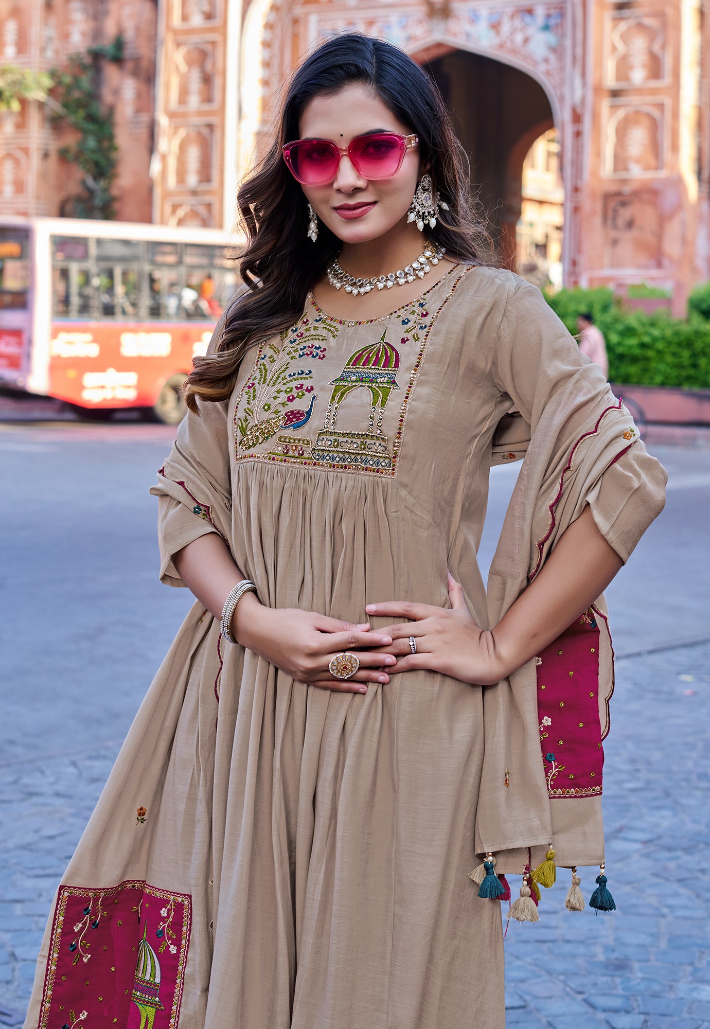 Women Floral Embroidered Empire Thread Work Chanderi Cotton Kurta with Palazzos & With Dupatta-IV-1009