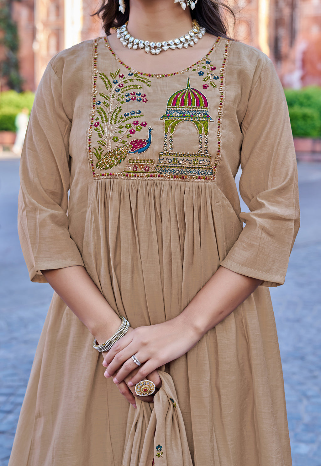 Women Floral Embroidered Empire Thread Work Chanderi Cotton Kurta with Palazzos & With Dupatta-IV-1009