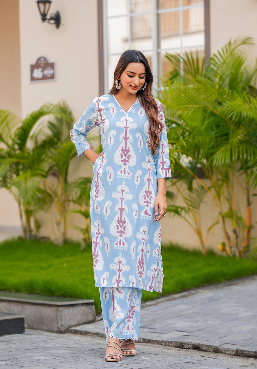 Paisley Printed Straight Kurta with Palazzos-SULEKHA