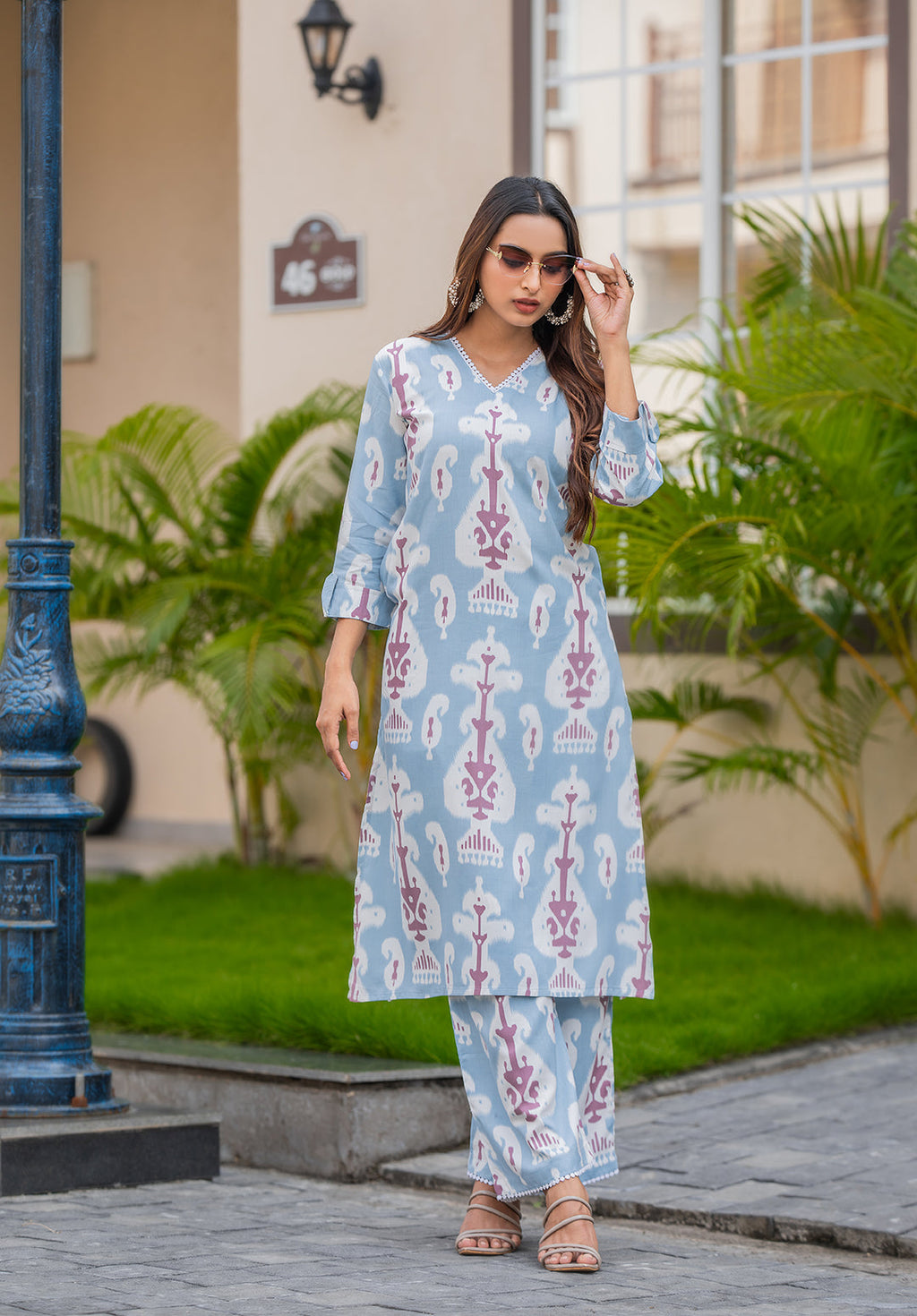 Paisley Printed Straight Kurta with Palazzos-SULEKHA