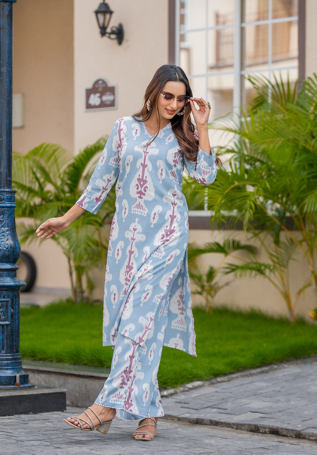 Paisley Printed Straight Kurta with Palazzos-SULEKHA