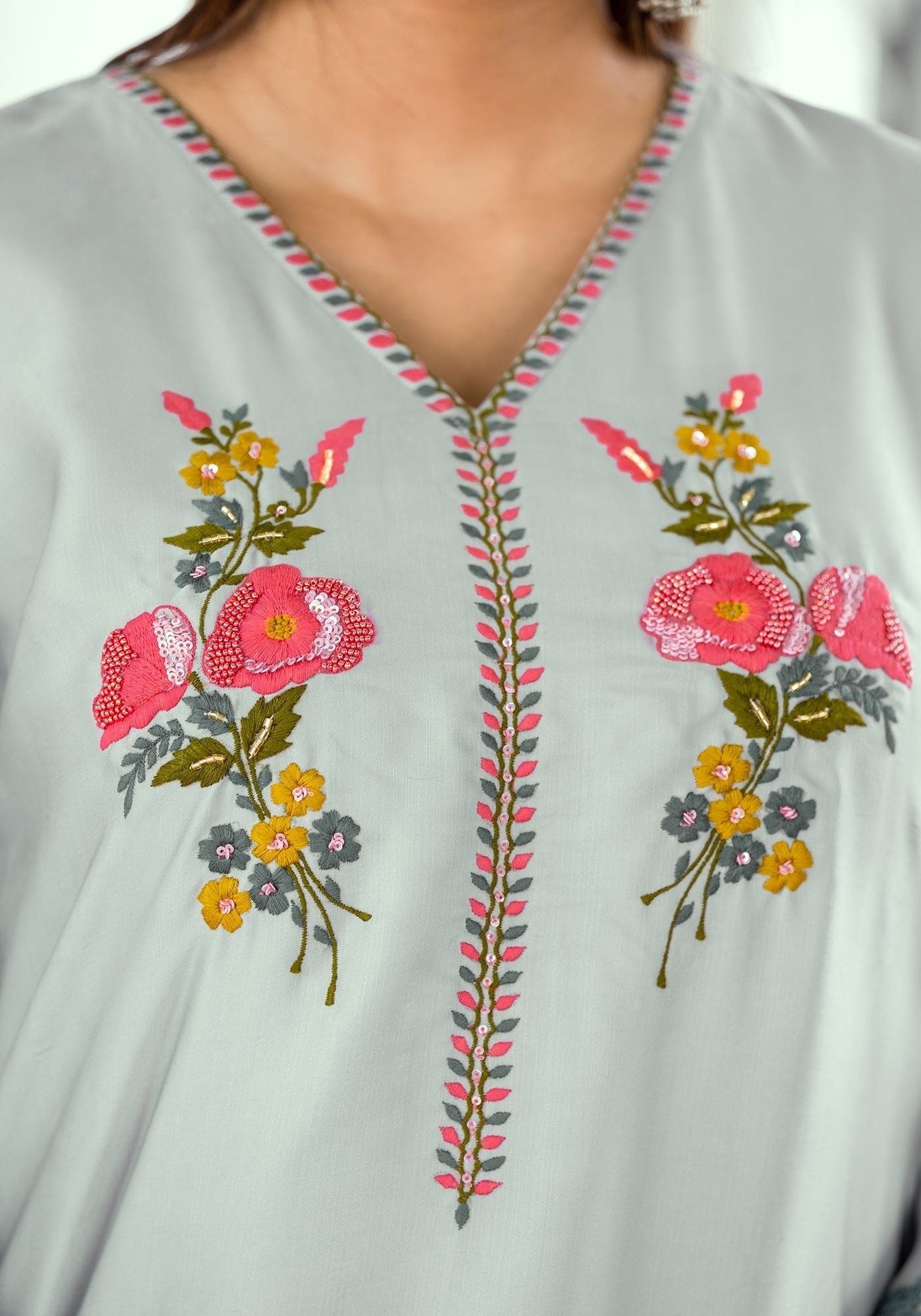 Floral Printed Bell Sleeves V-Neck Linen Top with Trousers-8248