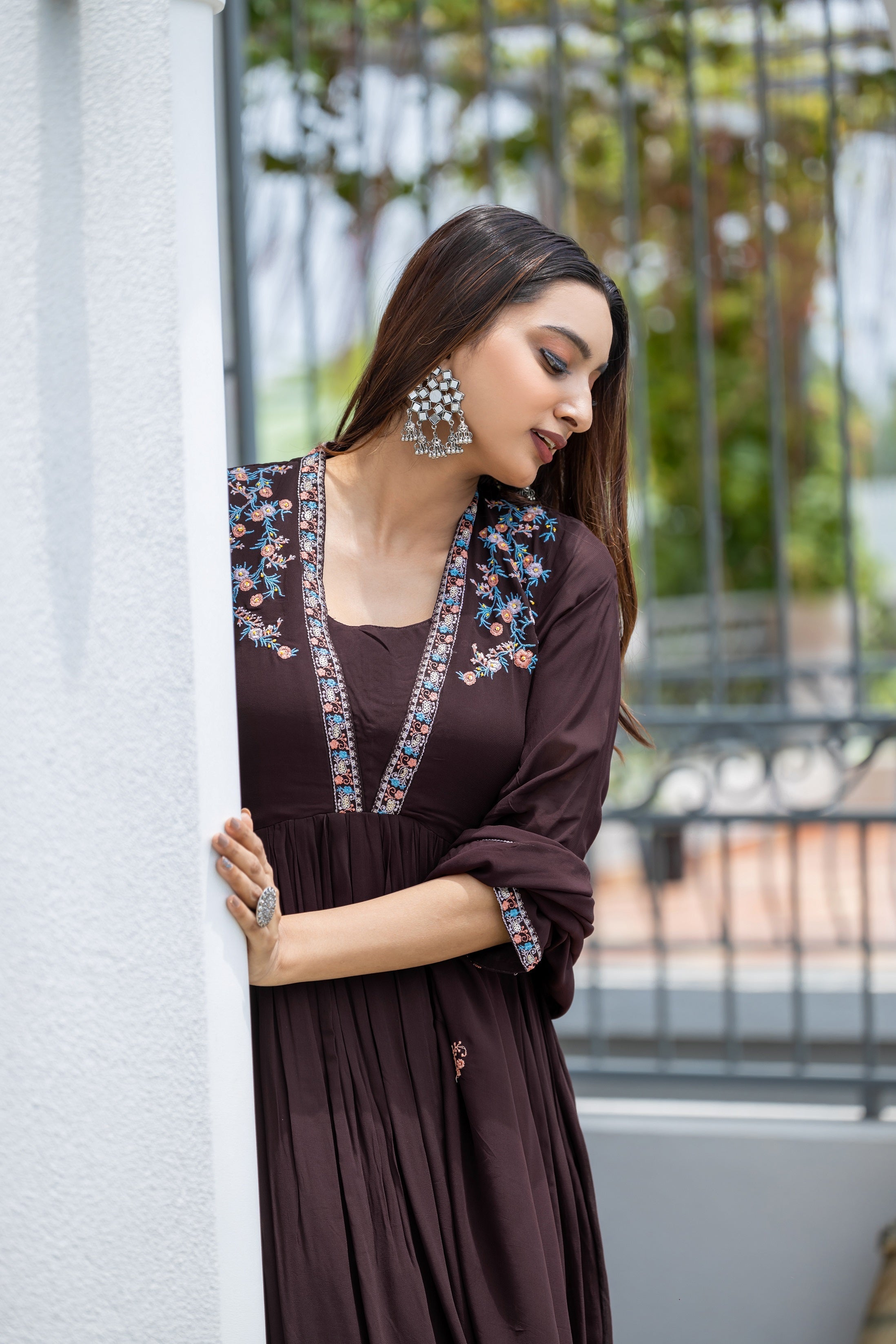 Floral Yoke Design Pleated Thread Work Anarkali Kurta with Palazzos & With Dupatta-8200