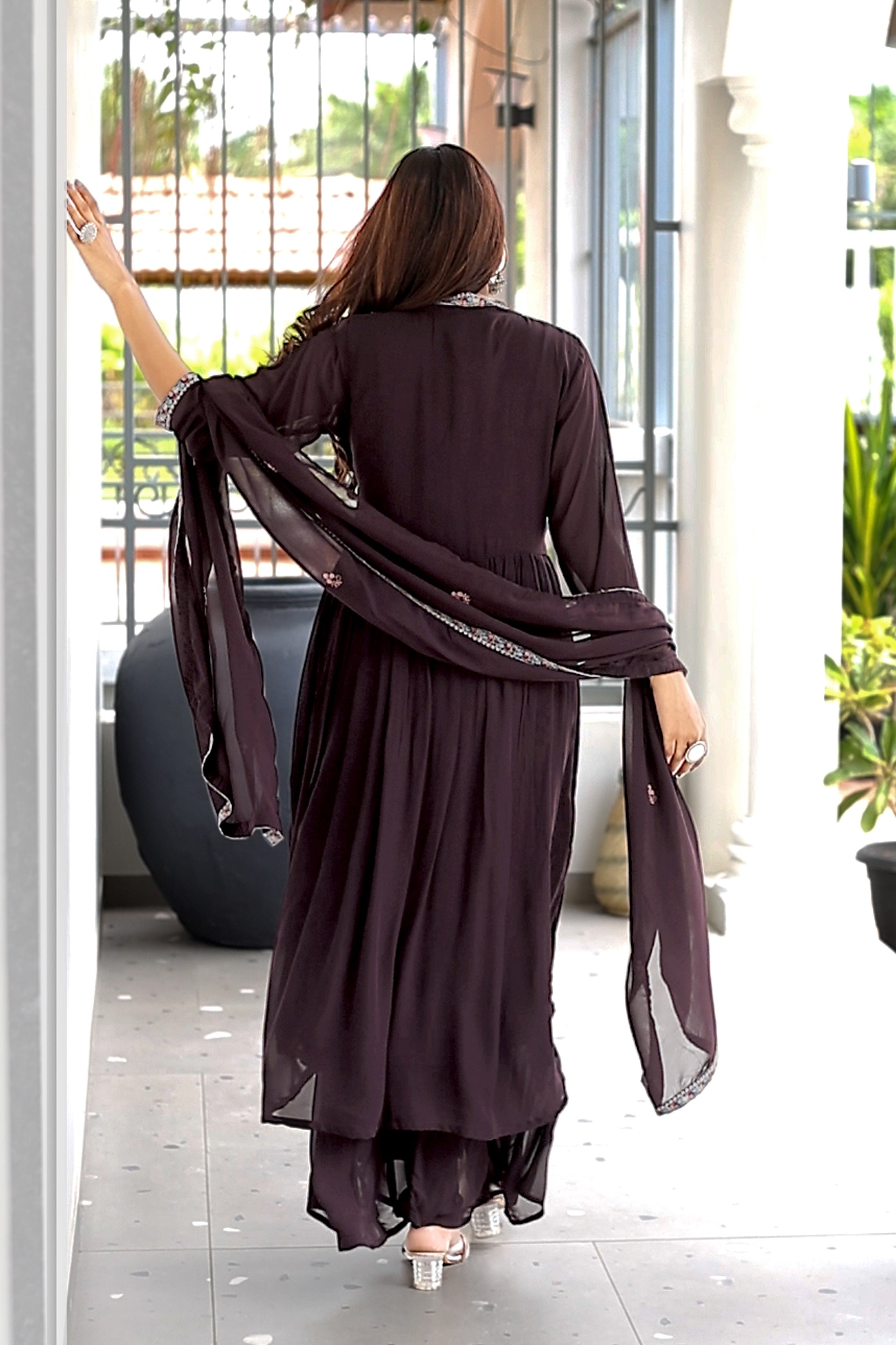 Floral Yoke Design Pleated Thread Work Anarkali Kurta with Palazzos & With Dupatta-8200