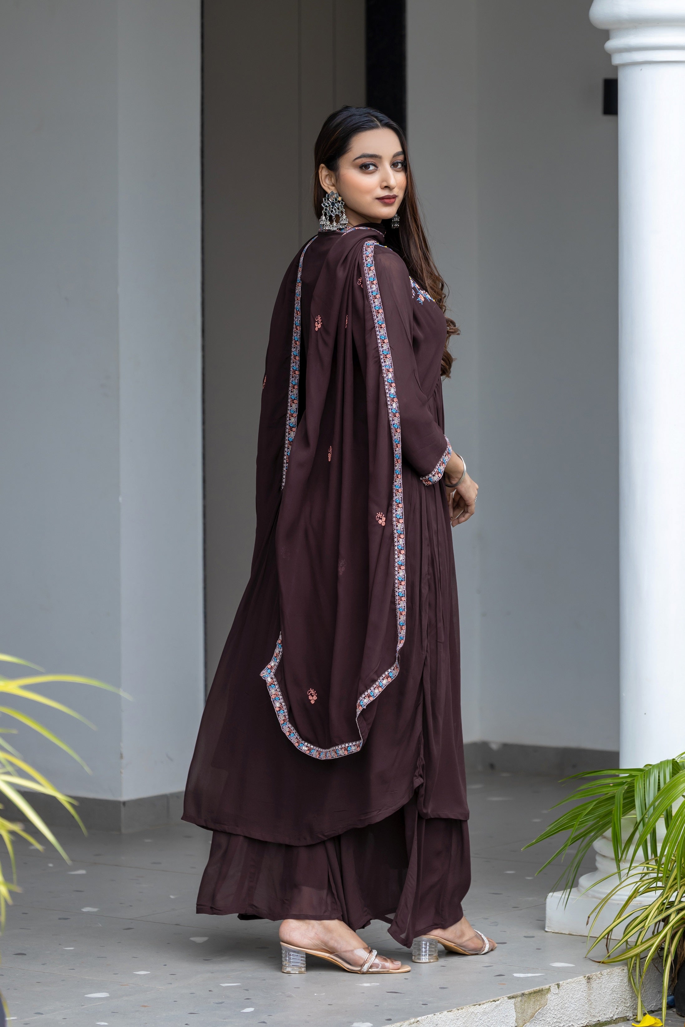 Floral Yoke Design Pleated Thread Work Anarkali Kurta with Palazzos & With Dupatta-8200