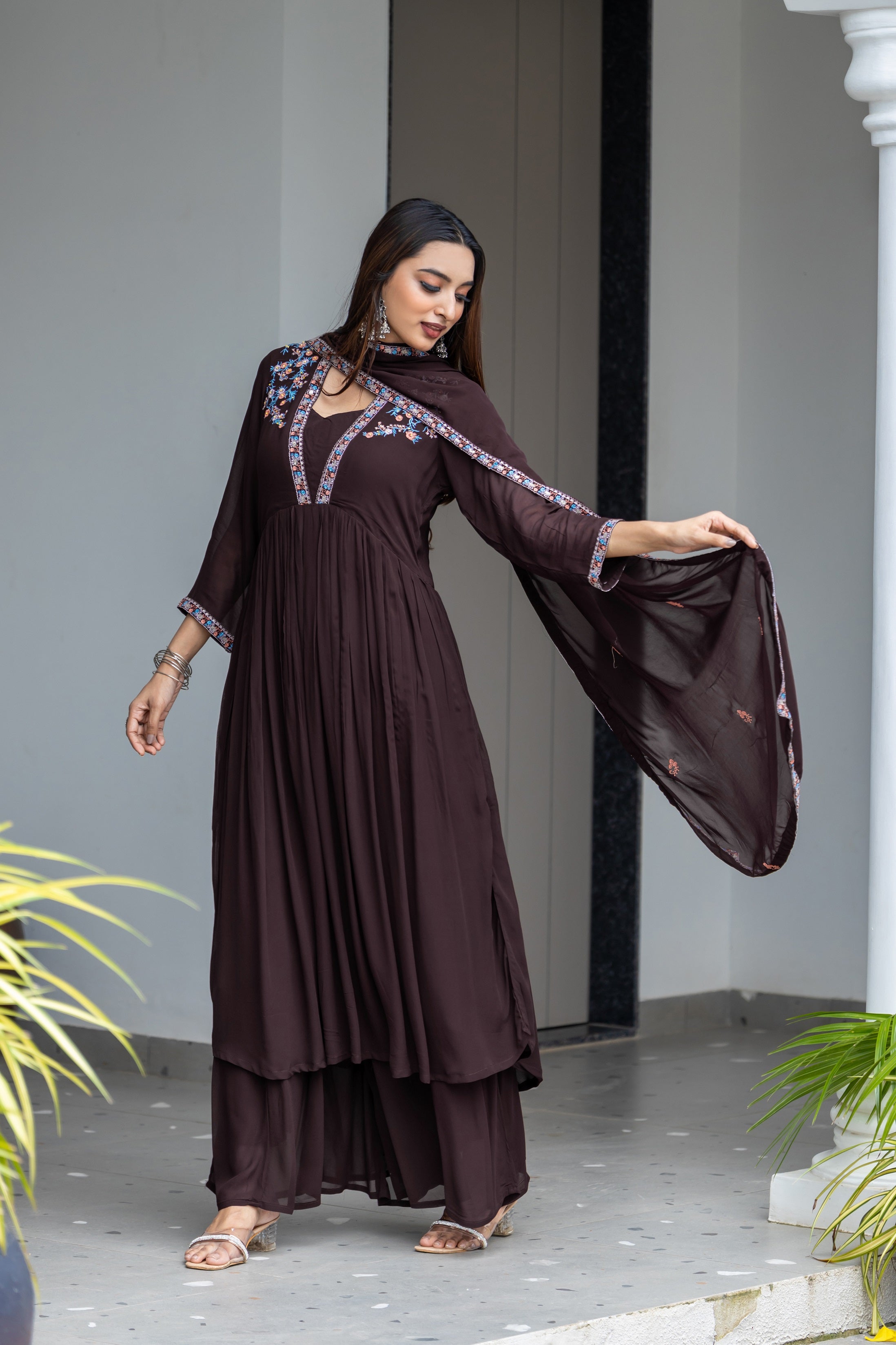 Floral Yoke Design Pleated Thread Work Anarkali Kurta with Palazzos & With Dupatta-8200