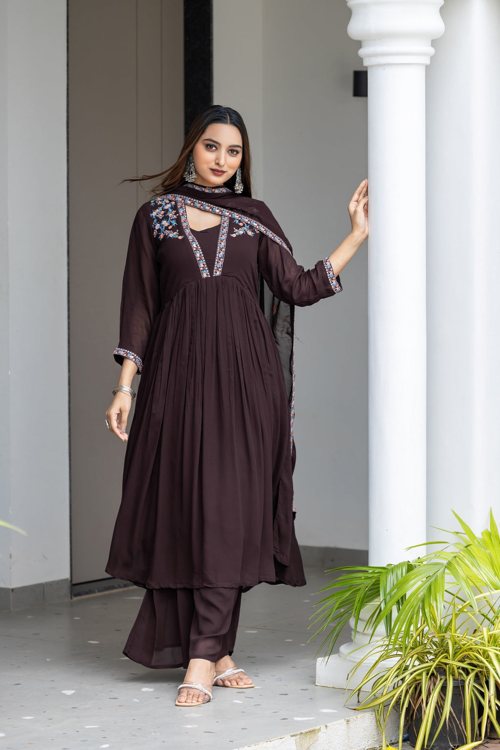 Floral Yoke Design Pleated Thread Work Anarkali Kurta with Palazzos & With Dupatta-8200