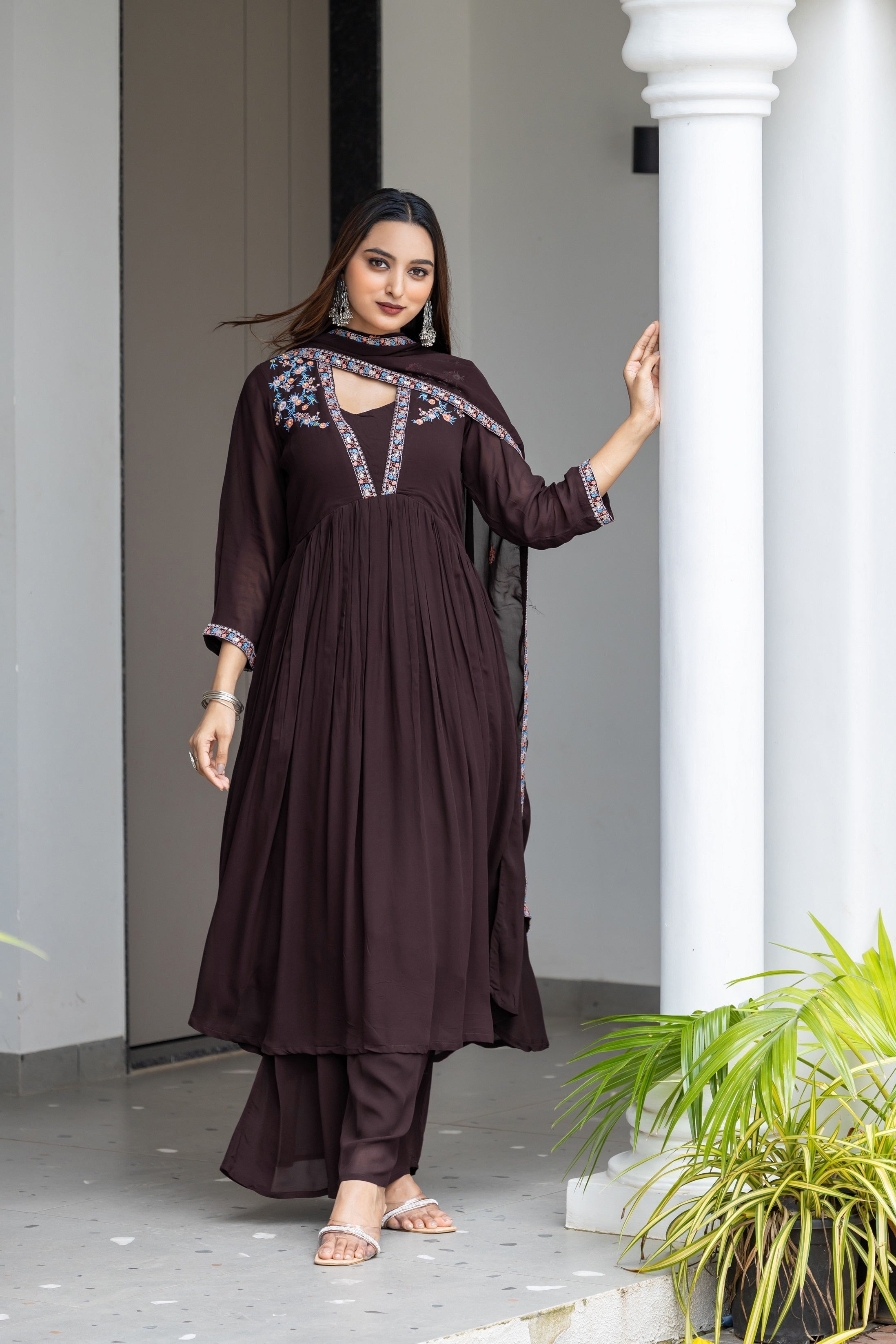 Floral Yoke Design Pleated Thread Work Anarkali Kurta with Palazzos & With Dupatta-8200