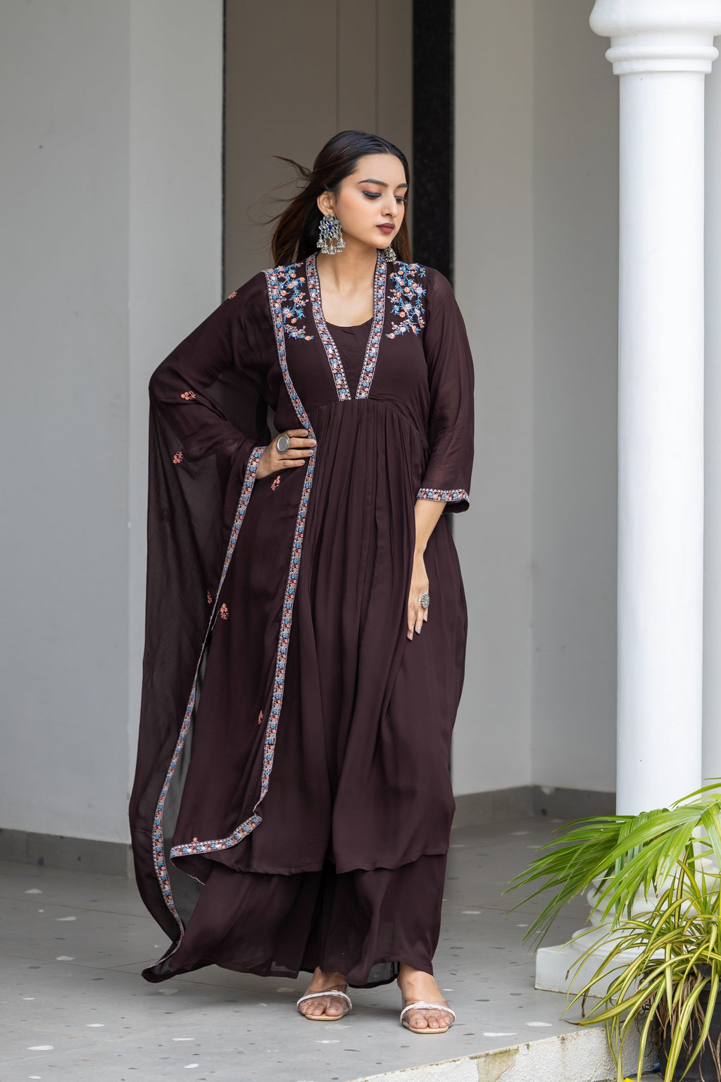 Floral Yoke Design Pleated Thread Work Anarkali Kurta with Palazzos & With Dupatta-8200