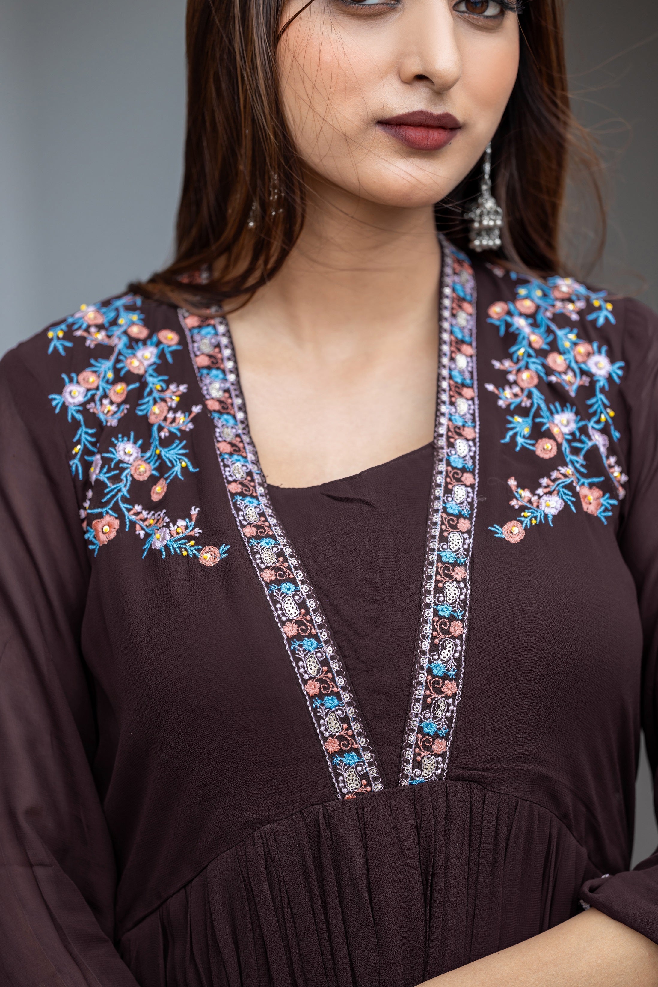 Floral Yoke Design Pleated Thread Work Anarkali Kurta with Palazzos & With Dupatta-8200