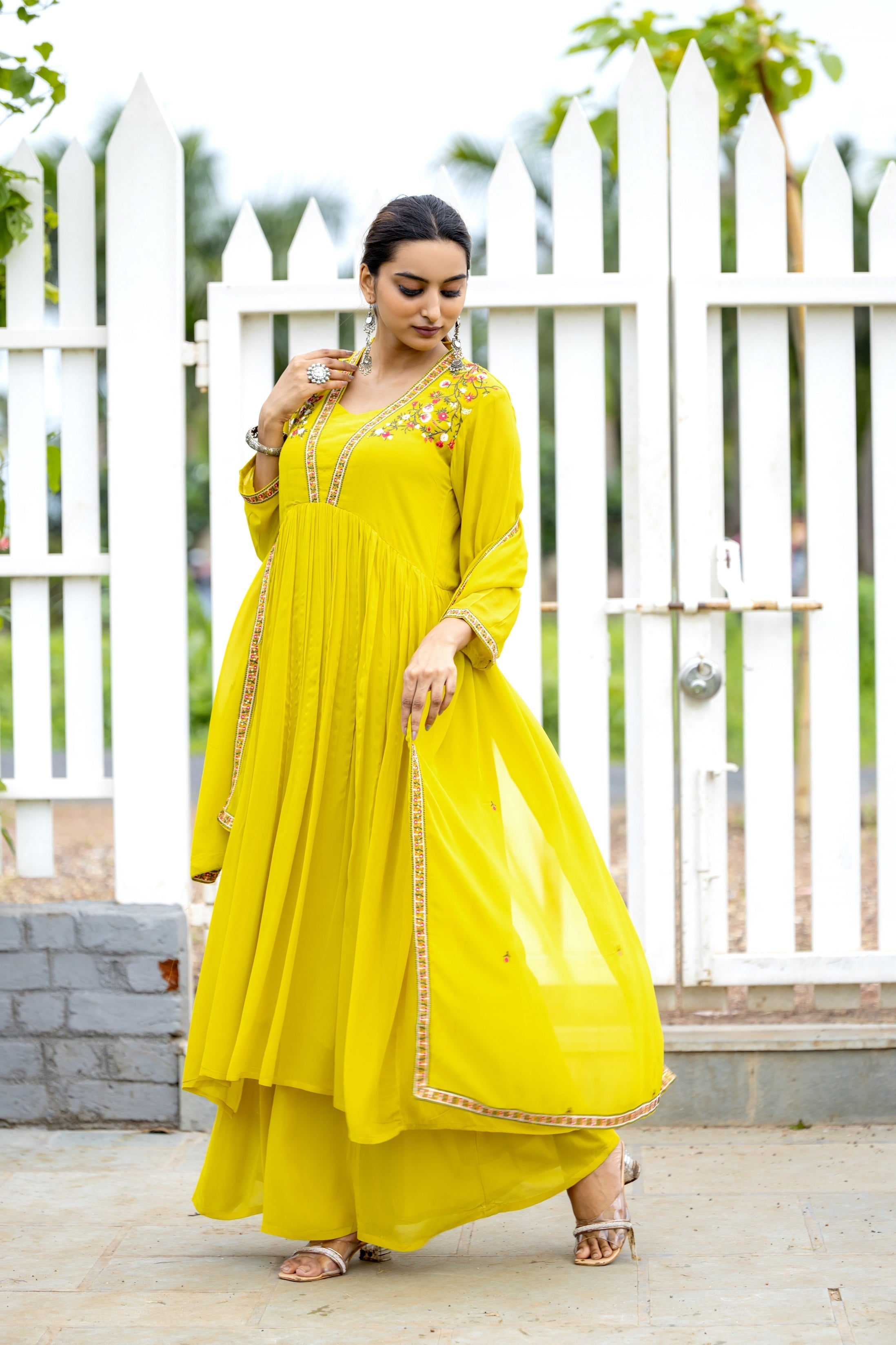 Floral Embroidered Pleated Anarkali Kurta with Palazzos & With Dupatta-8202