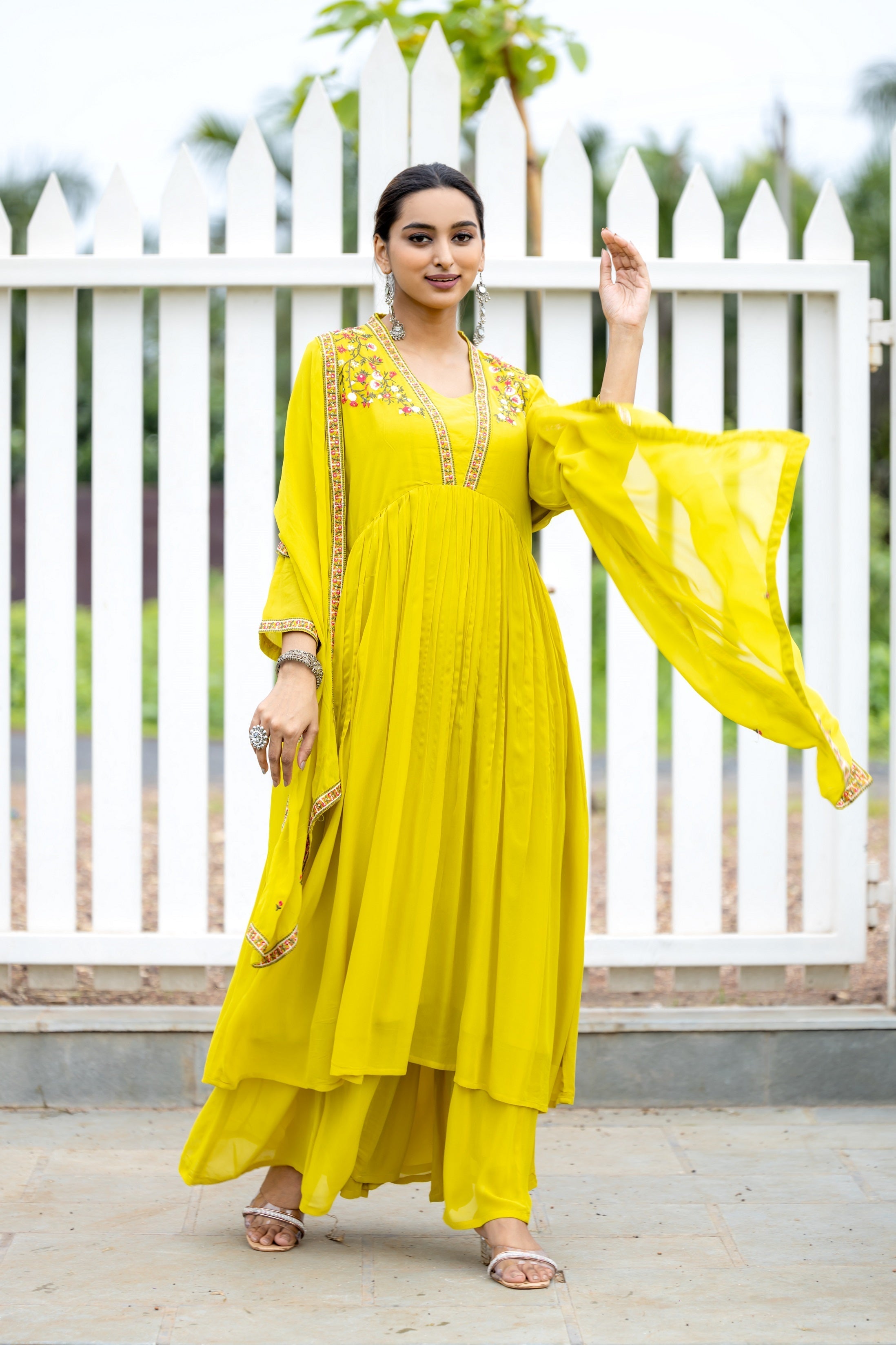 Floral Embroidered Pleated Anarkali Kurta with Palazzos & With Dupatta-8202