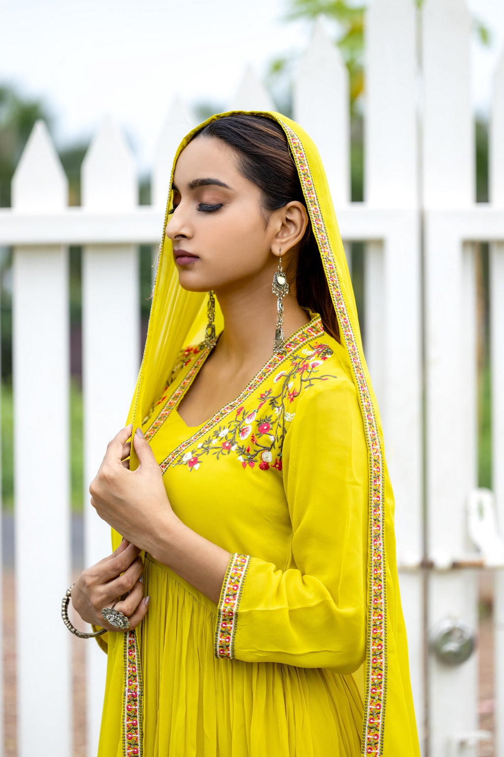 Floral Embroidered Pleated Anarkali Kurta with Palazzos & With Dupatta-8202