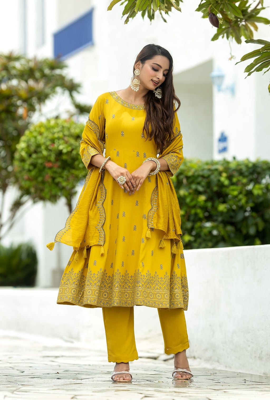 Women Printed Angrakha Beads and Stones Kurti with Trousers & With Dupatta-TYOHAR