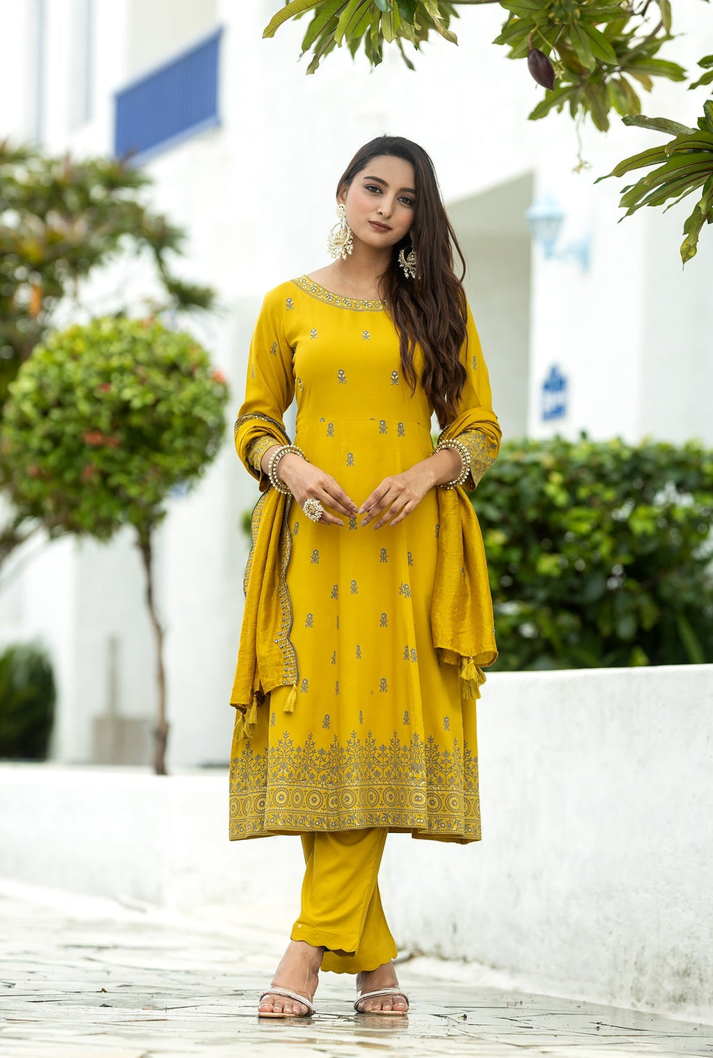 Women Printed Angrakha Beads and Stones Kurti with Trousers & With Dupatta-TYOHAR
