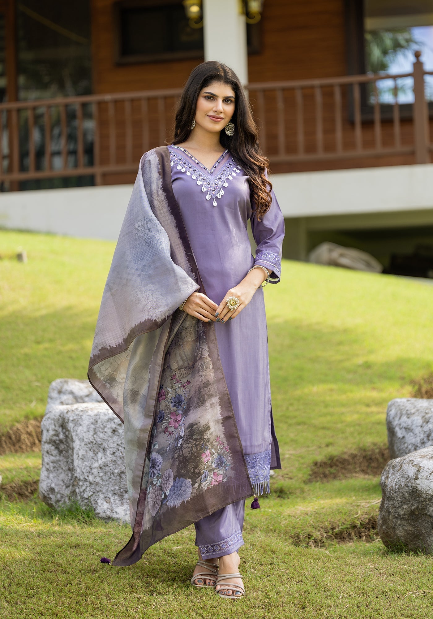 Women's V-Neck Kurta with Palazzo & Dupatta | Ethnic Set | Dupatta Set | Suit Set |Kurta Set |-8283