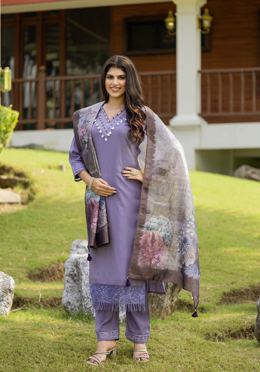 Women's V-Neck Kurta with Palazzo & Dupatta | Ethnic Set | Dupatta Set | Suit Set |Kurta Set |-8283