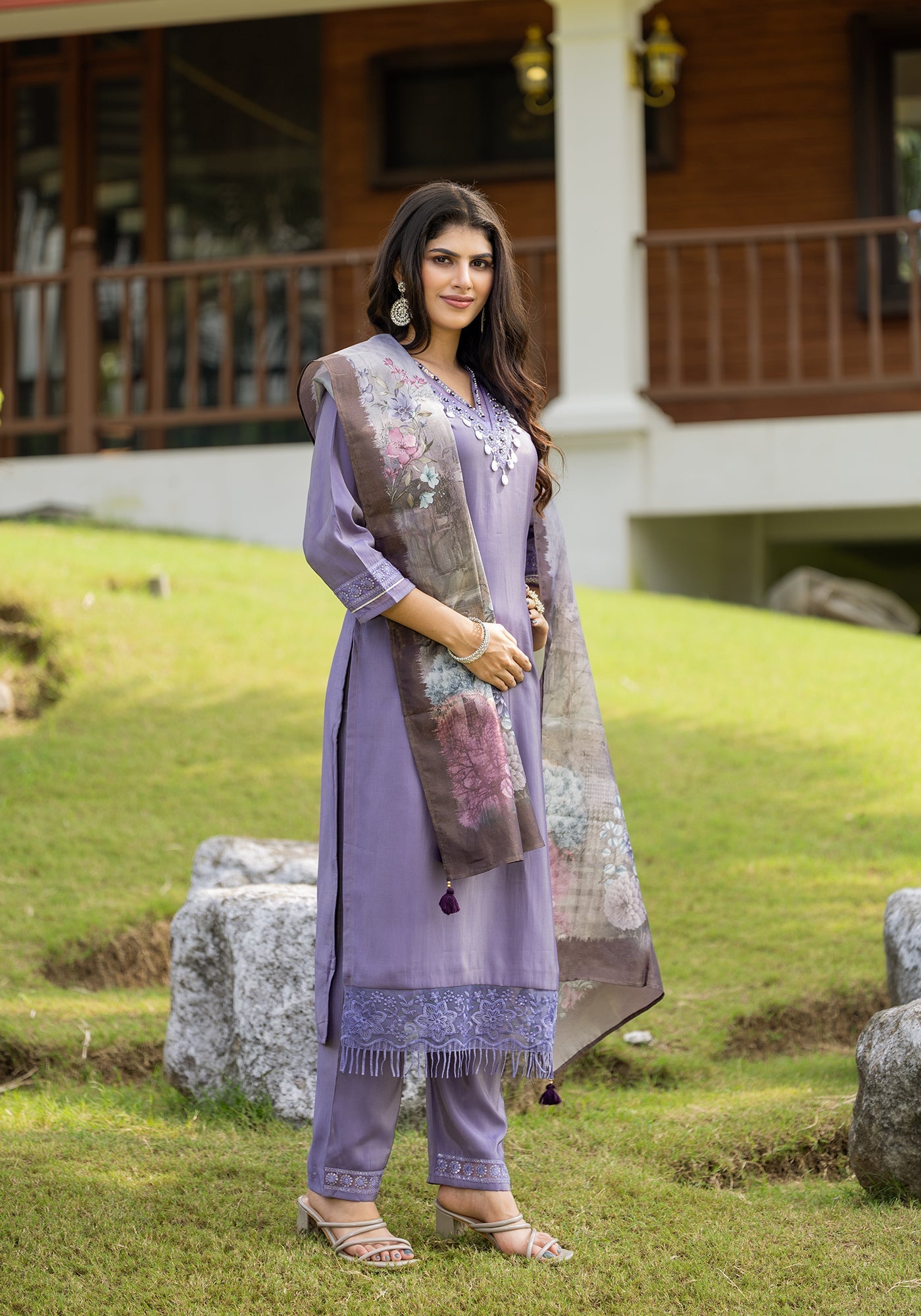 Women's V-Neck Kurta with Palazzo & Dupatta | Ethnic Set | Dupatta Set | Suit Set |Kurta Set |-8283