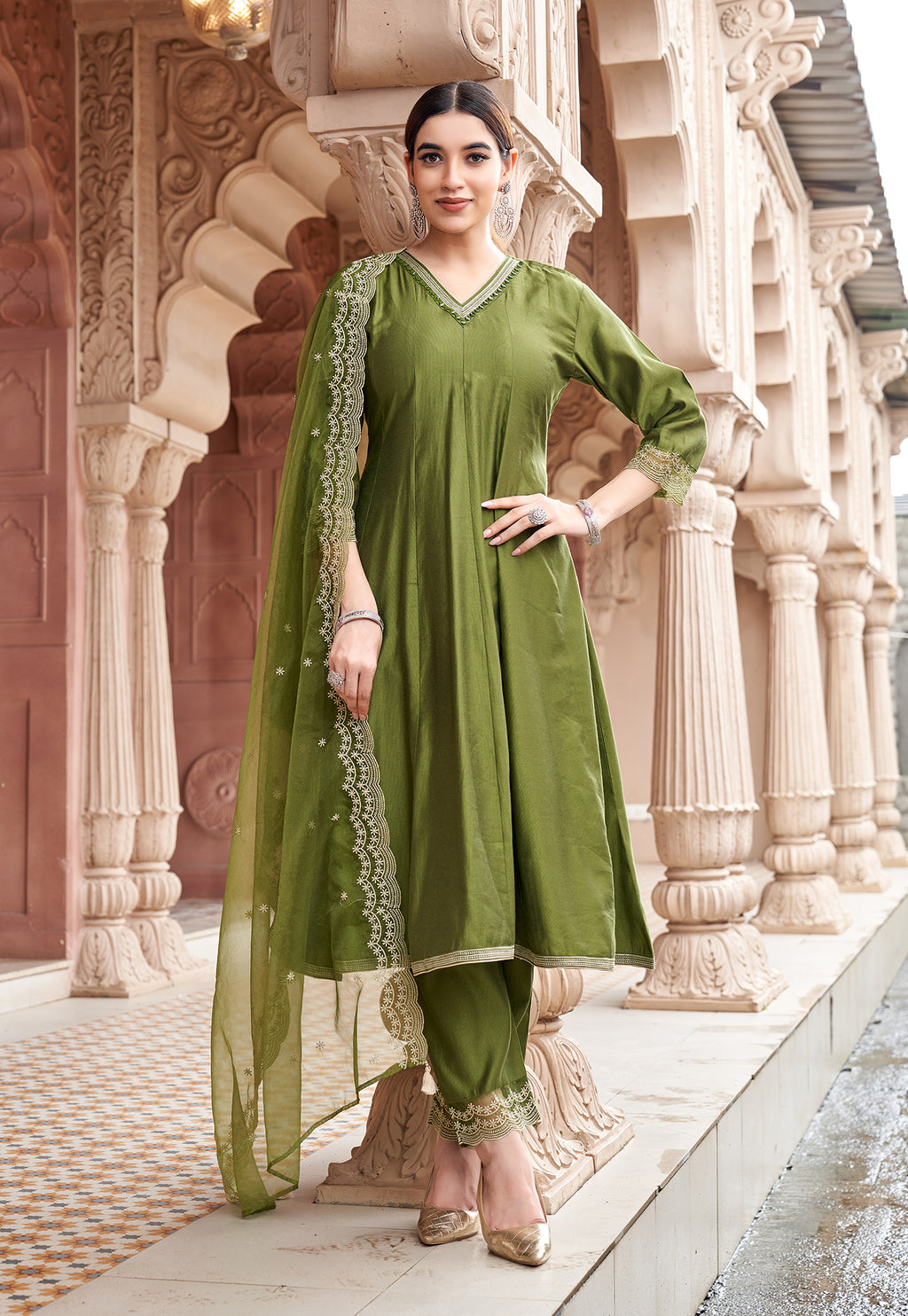 Women Floral Embroidered Kurta with Trousers & Dupatta-MIRZA