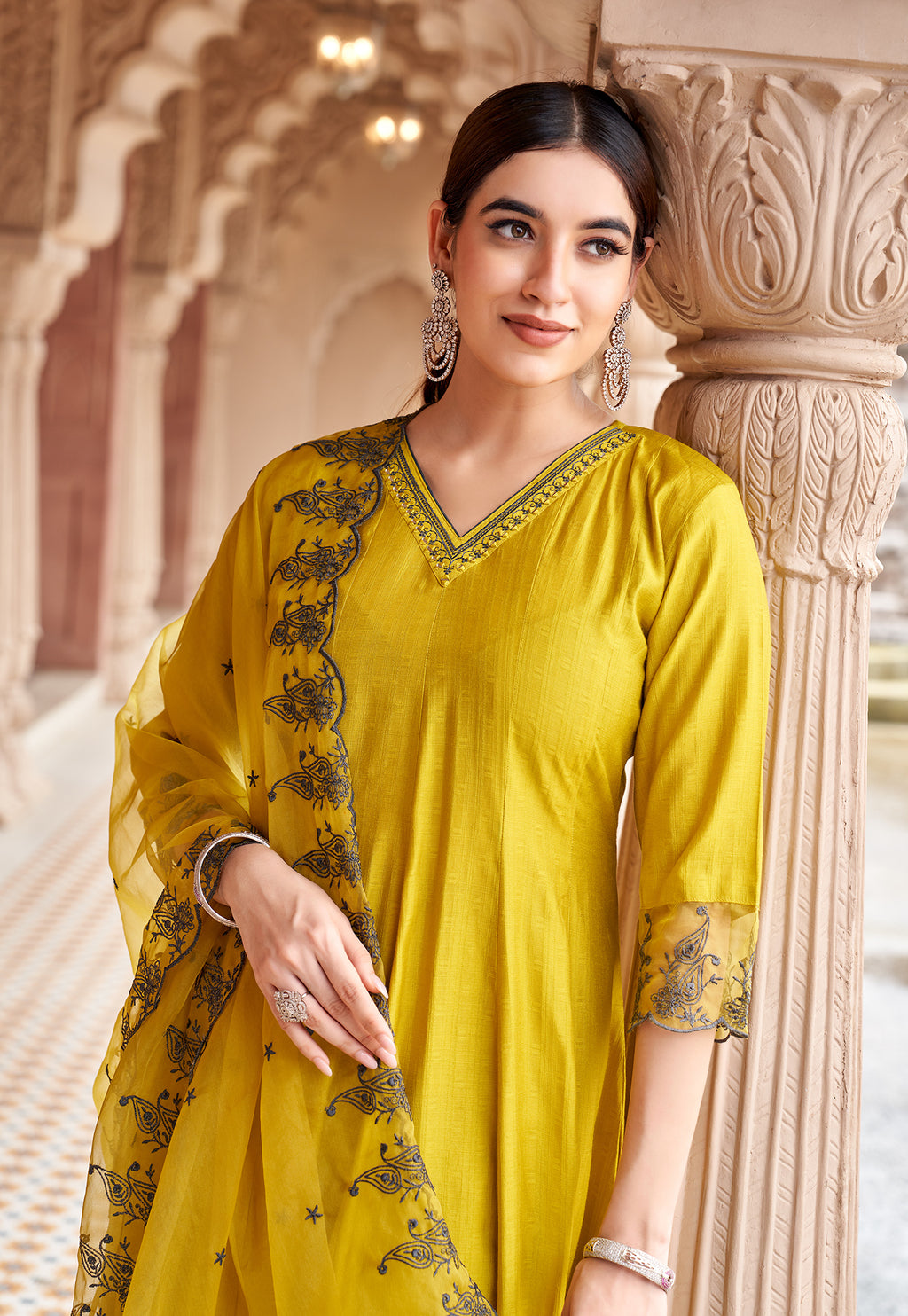 Women Floral Embroidered Kurta with Trousers & Dupatta-MIRZA