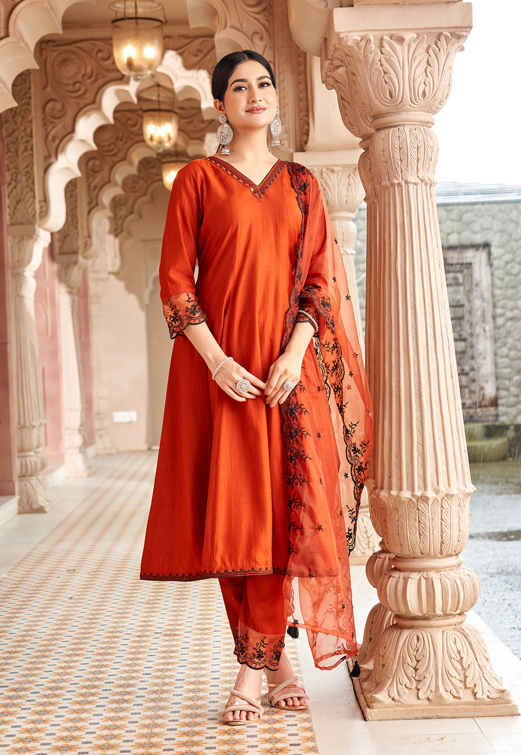 Women Floral Embroidered Kurta with Trousers & Dupatta-MIRZA