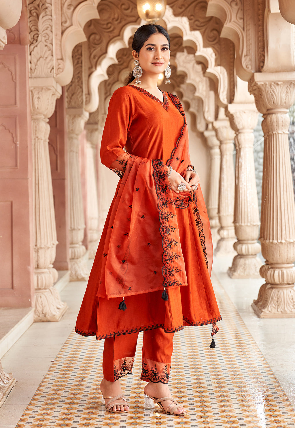 Women Floral Embroidered Kurta with Trousers & Dupatta-MIRZA